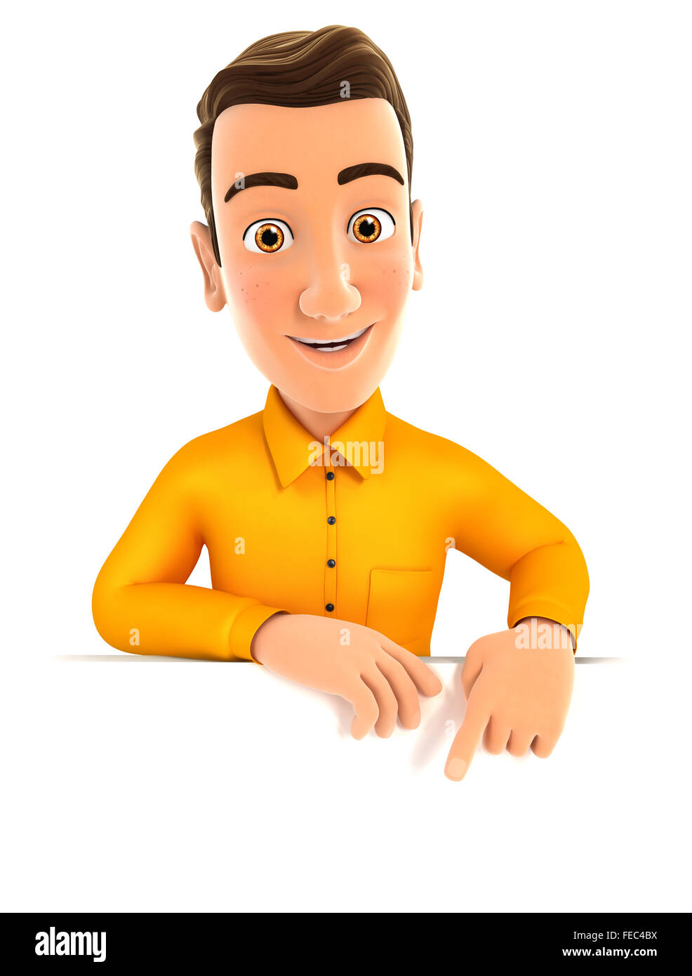 3D Mann zeigte auf leere Wand, isoliert weißen Hintergrund Stockfoto