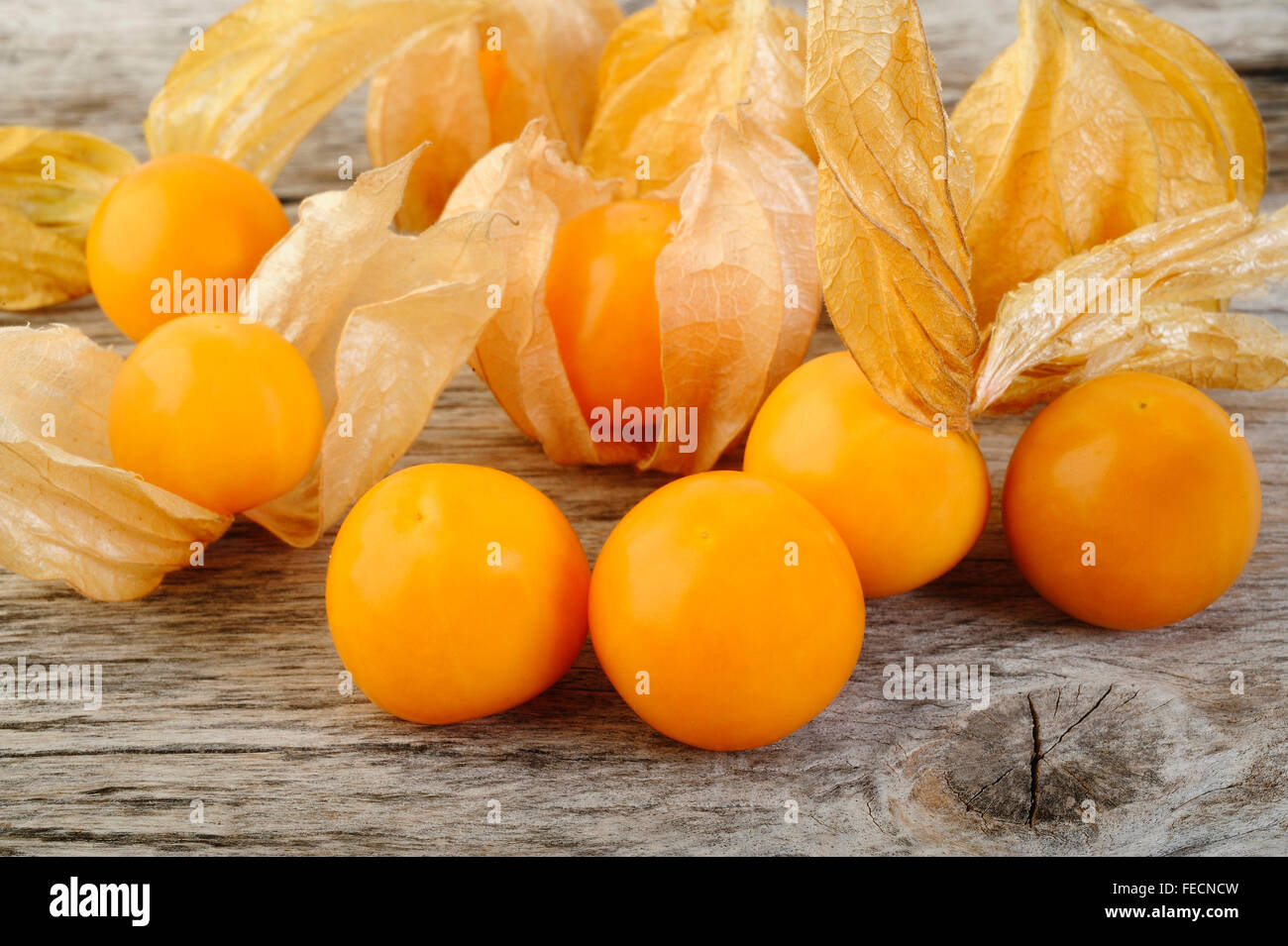 Physalis (Stachelbeeren) auf hölzernen Hintergrund Stockfoto