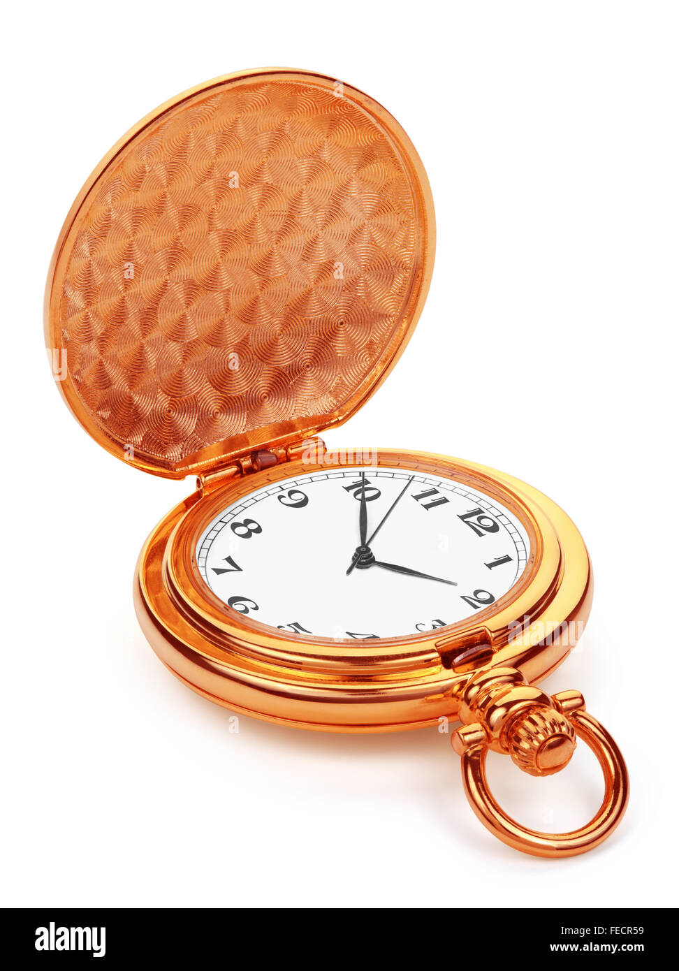 Goldene Taschenuhr, isoliert auf weißem Hintergrund, Schneidepfad enthalten. Stockfoto