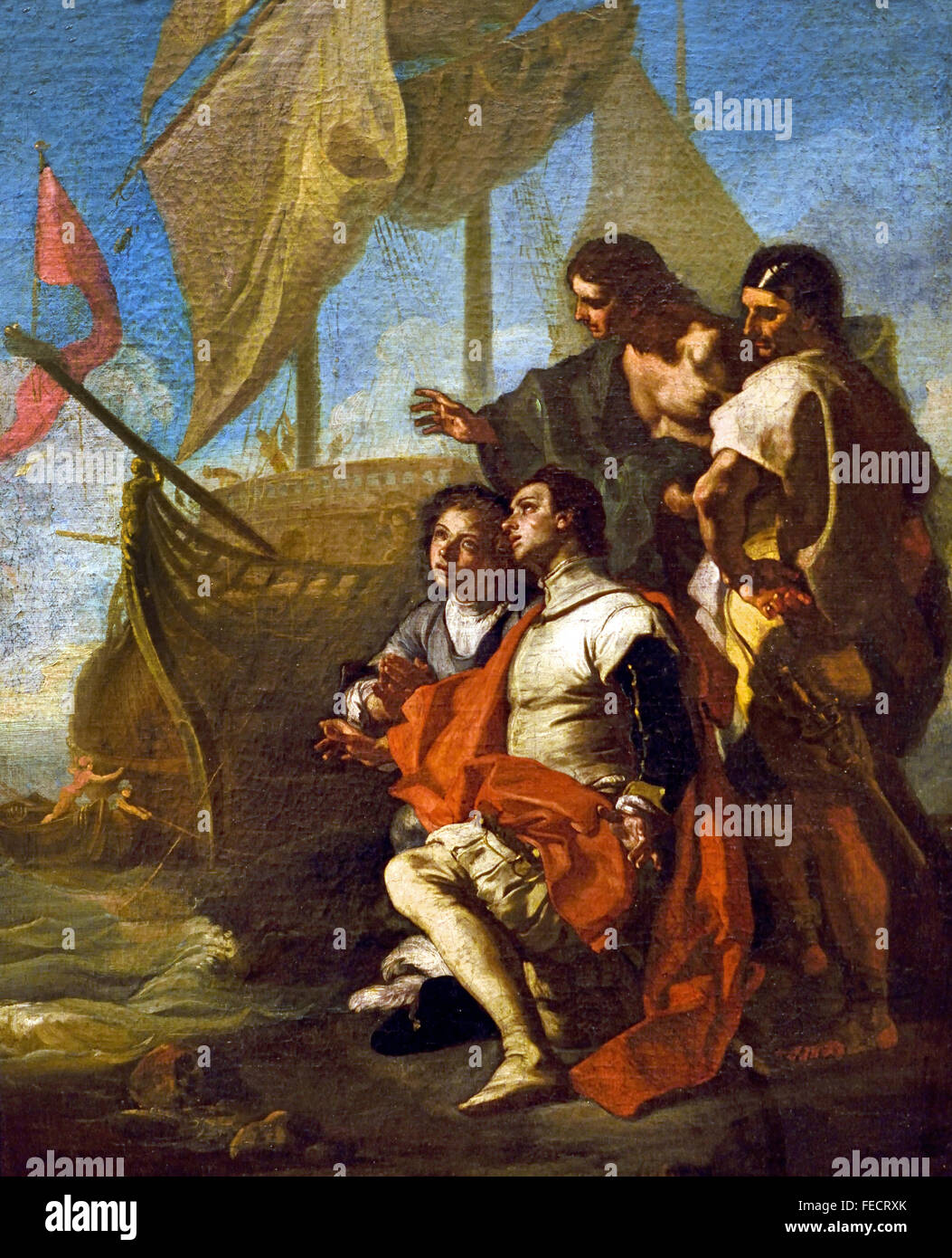 Christopher Columbus Ankunft in Amerika 1715 Francesco Solimena 1657-1747 Spanien Spanisch (Christopher Columbus 1450-1451 Genua Italien italienische Explorer, Navigator, Kolonisator und Bürger der Republik von Genua) Segeln Schiff Santa Maria Stockfoto