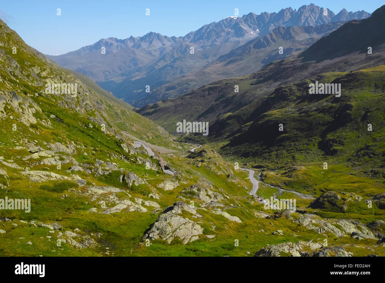 Bergtal, San Bernardino Pass, Schweiz. Stockfoto