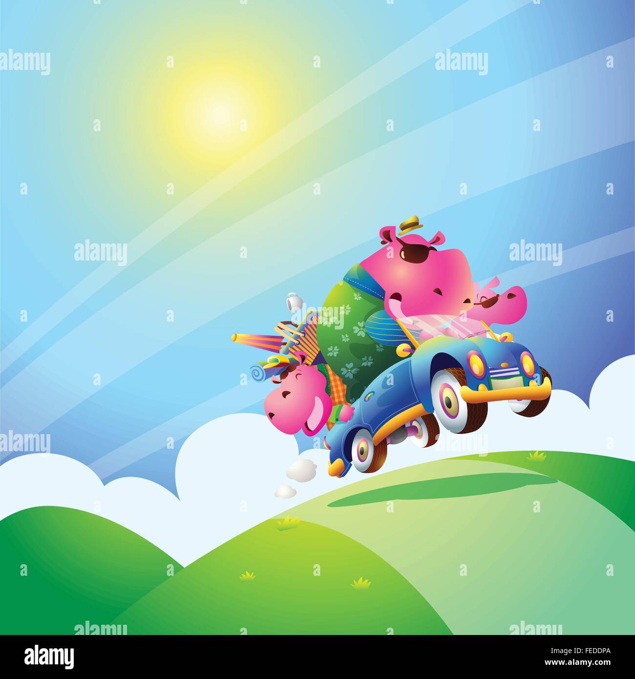 Familie hippo Reisen ein Auto fahren. niedliche kinder cartoon Stock Vektor
