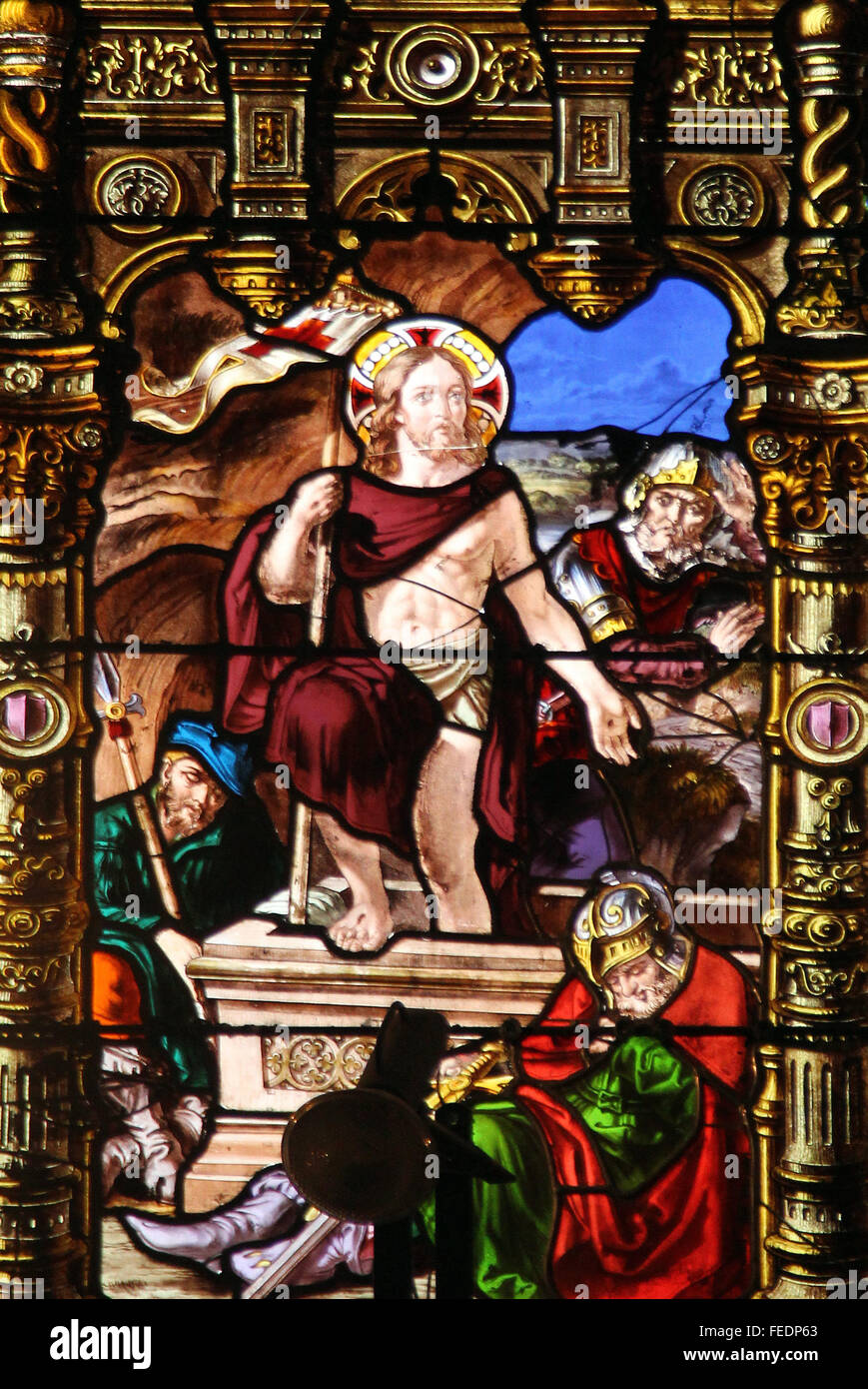 Auferstehung Christi, Glasmalerei, Kirche von St. Gervais und St. Protais, Paris Stockfoto