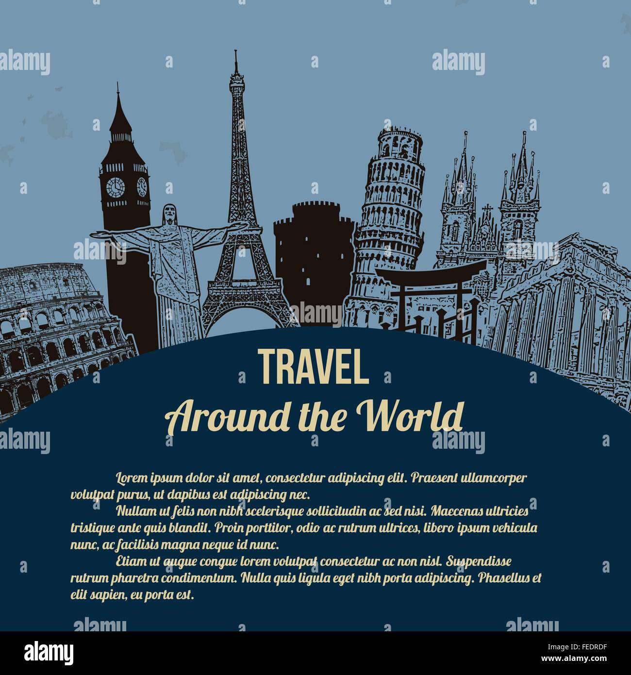 Reise um die Welt, Vintage touristische Plakat auf blauem Hintergrund mit Platz für Ihren Text, Vektor-illustration Stock Vektor