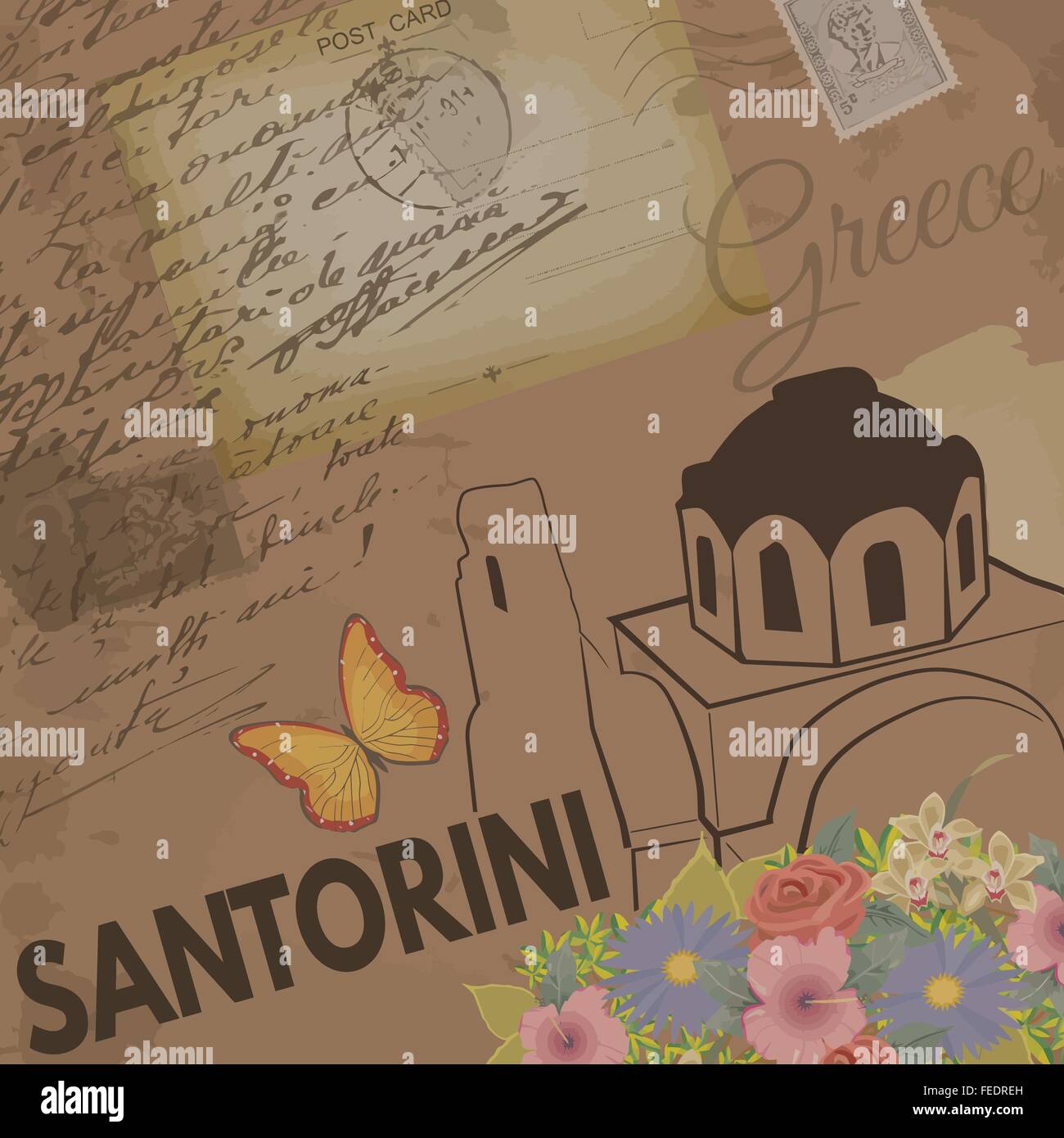 Santorini Vintage Poster an nostalgischen Retro-Hintergrund mit alten Postkarten und Briefe, Vektor-illustration Stock Vektor