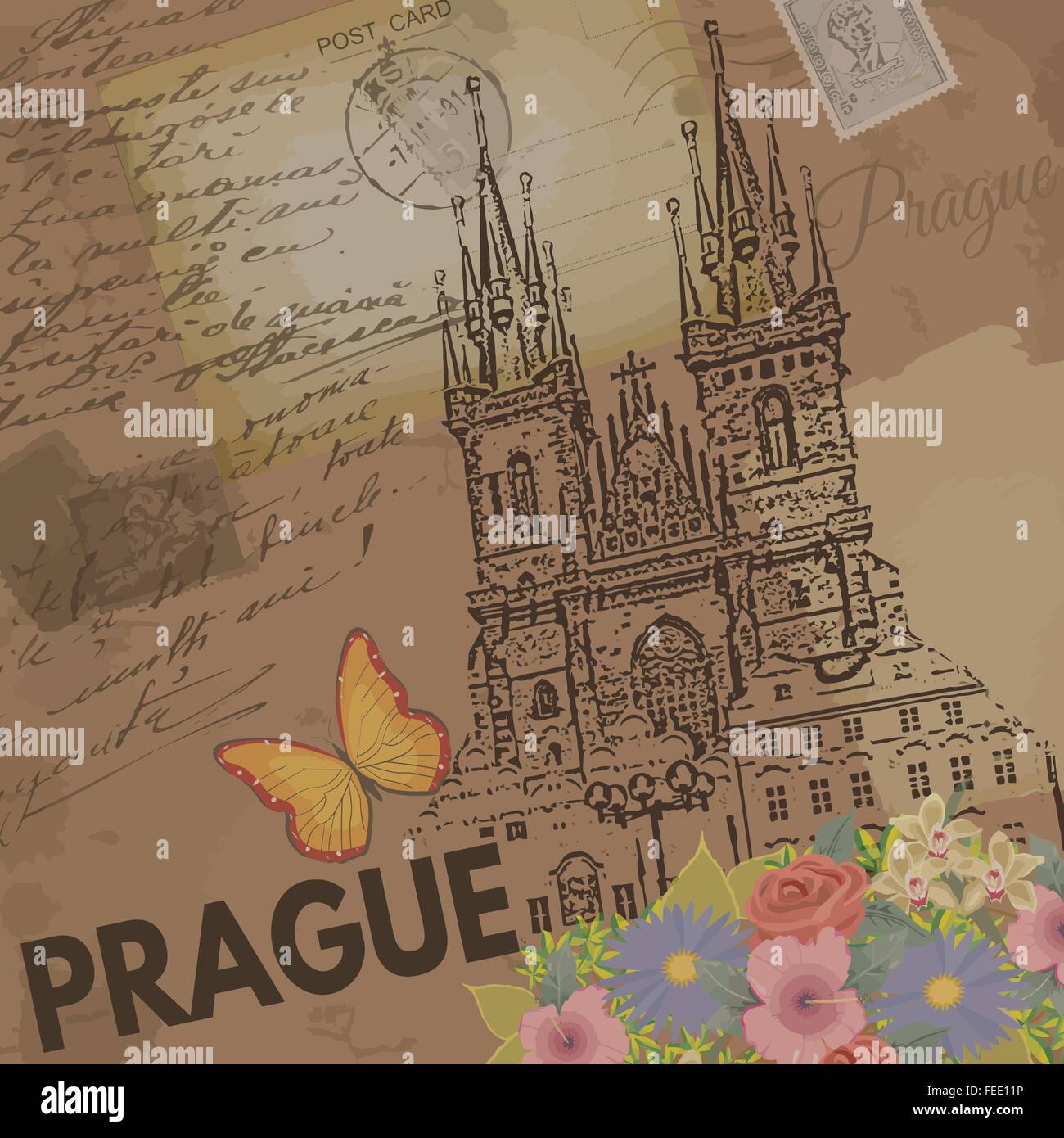 Prag Vintage Poster an nostalgischen Retro-Hintergrund mit alten Postkarten und Briefe, Vektor-illustration Stock Vektor