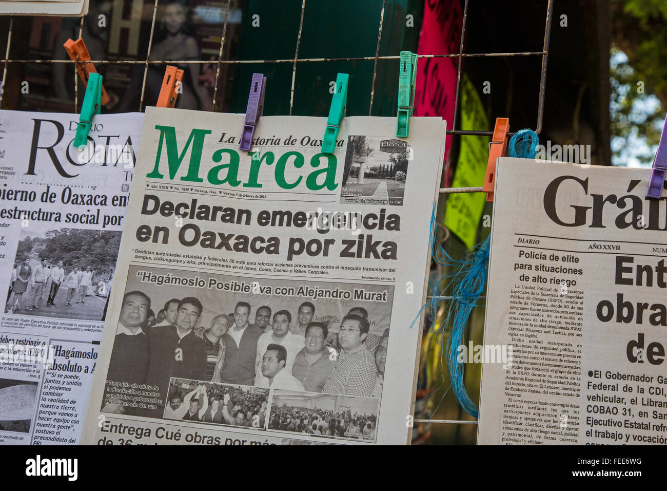 Oaxaca, Mexiko. 5. Februar 2016. Zeitungen berichten, dass Bund und staatliche Behörden haben einen Notfall erklärt und erhöht die Ausgaben um die Mücke zu steuern, die der Zika-Virus überträgt. Siebenunddreißig Fälle des Virus wurden in sieben Bundesstaaten Mexikos, einschließlich Oaxaca bestätigt. Bildnachweis: Jim West/Alamy Live-Nachrichten Stockfoto