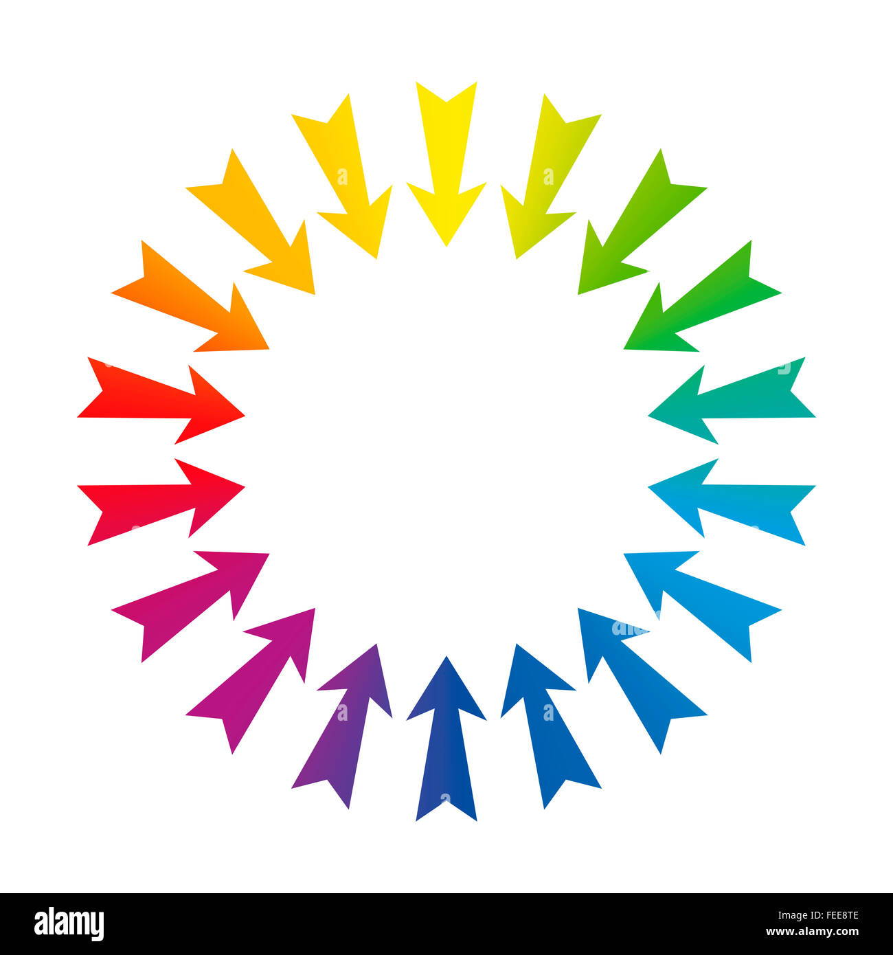 Pfeile zeigen auf Zentrum - Regenbogen farbige - Abbildung auf weißem Hintergrund. Stockfoto