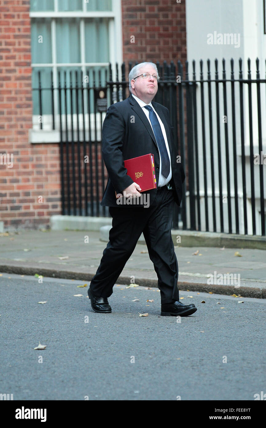 London, UK, 13. Oktober 2015: Verkehrsminister Patrick McLoughlin gesehen in 10 Downing Street in London Stockfoto