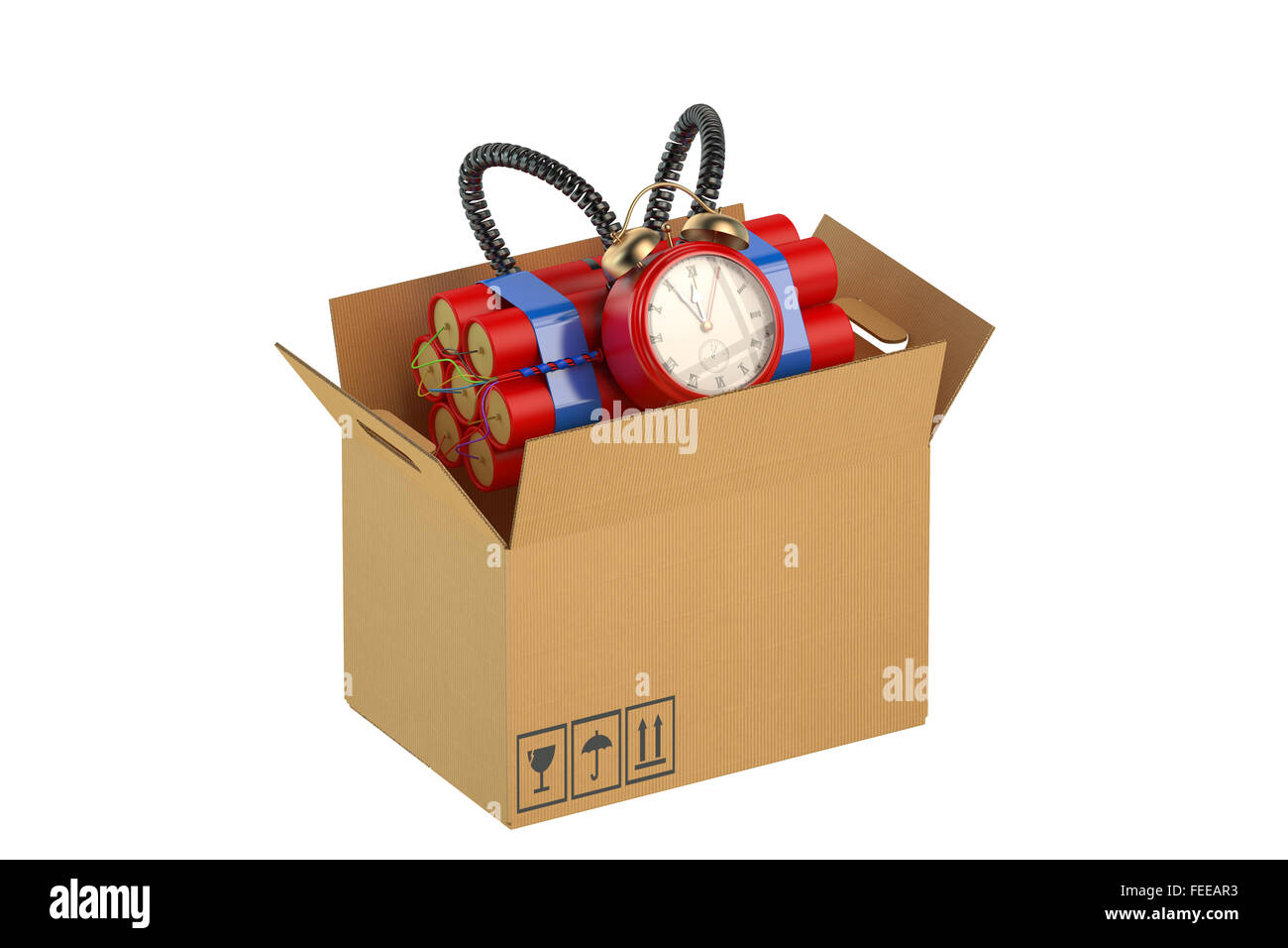Timer-Bombe im Karton Stockfoto