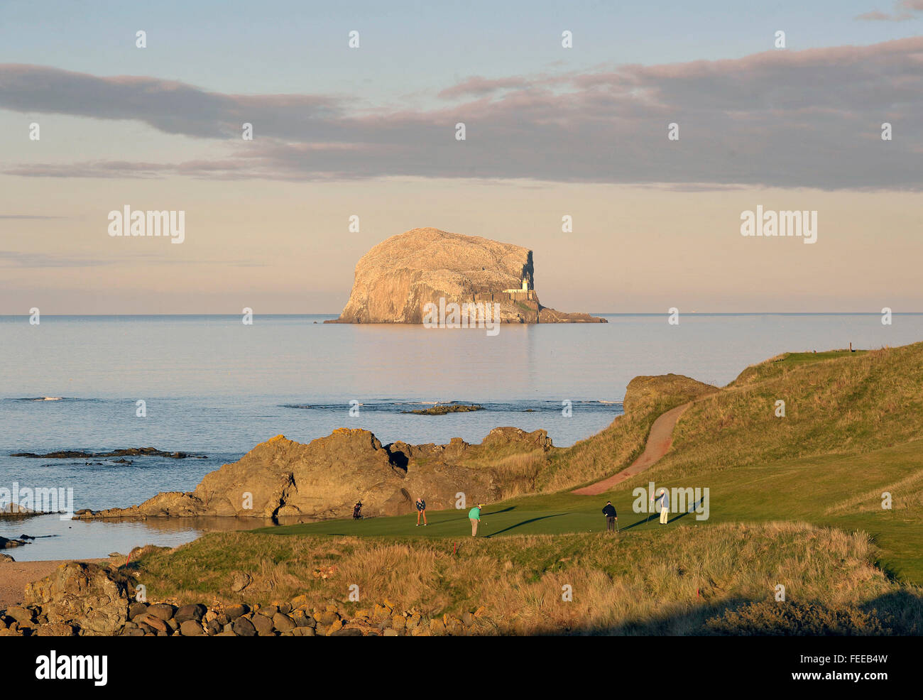 12. Oktober 2014 The Glen Golf Course und Bass Rock, North Berwick UK. Golfer am 13., "Meer Loch" mit dem Bass Rock hinter. Stockfoto