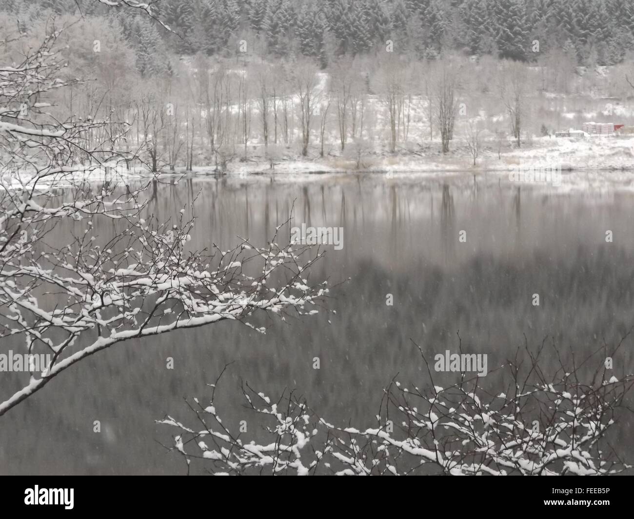 Loch Tulla, Schottland an einem verschneiten Tag im Januar 2016 Stockfoto