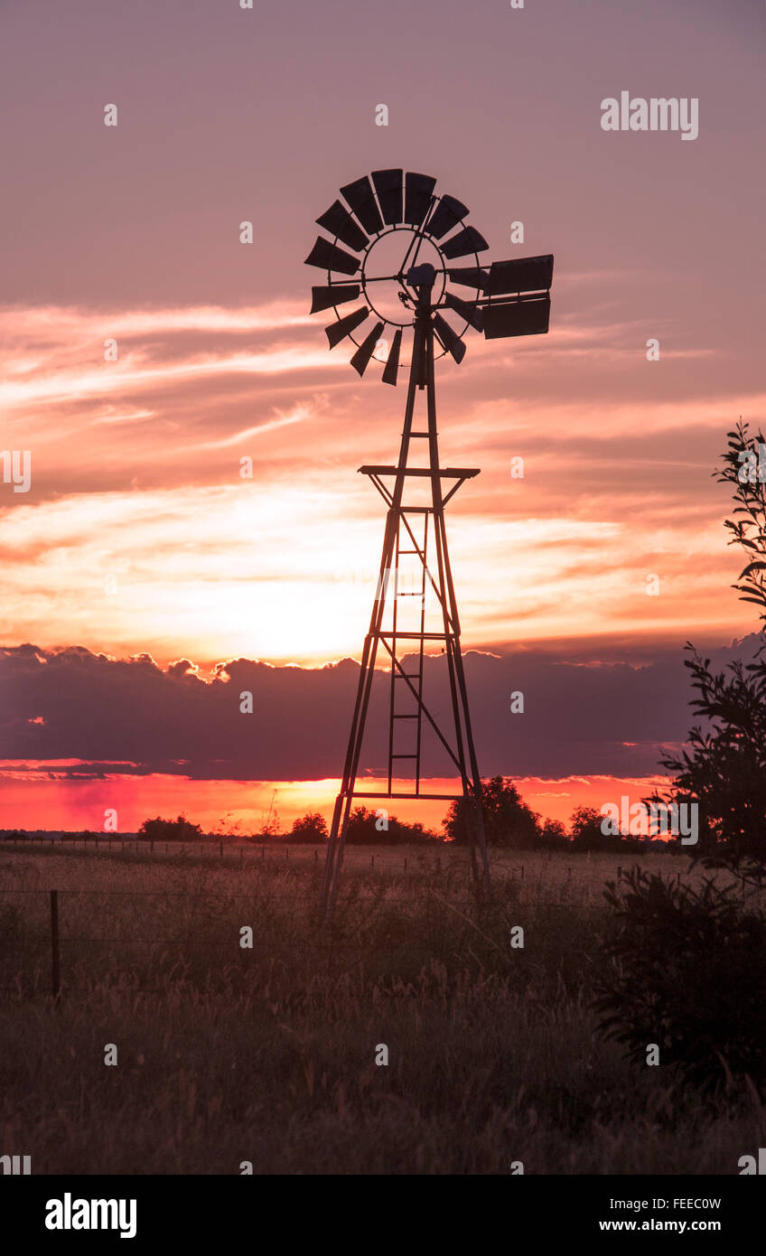 Windmühle bei Sonnenuntergang am Land Bush outback Farm-Queensland-Australien Stockfoto