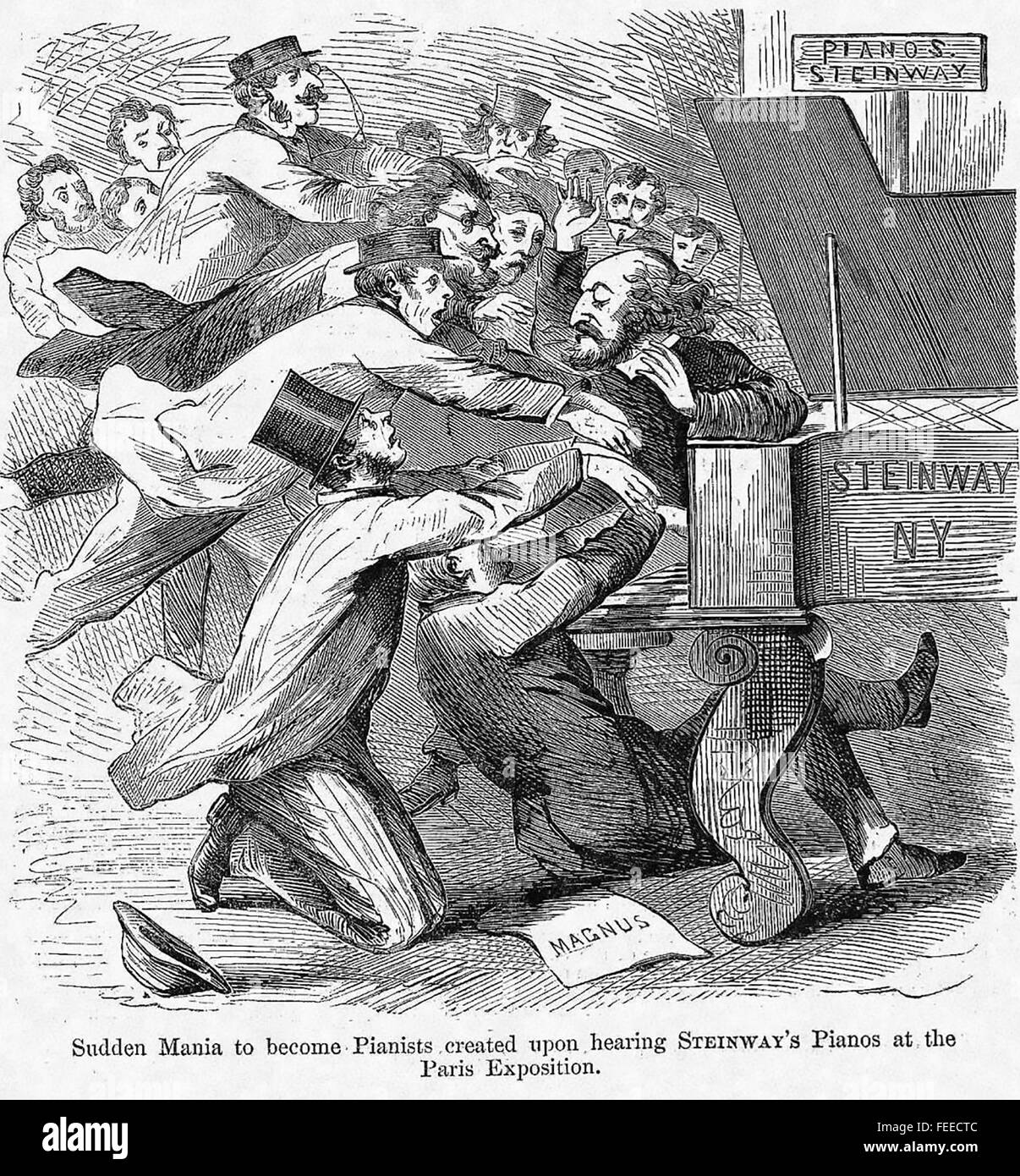 AUSSTELLUNG IN PARIS 1896. Cartoon satirising den Ansturm von Aufträgen für die Steinway Pianos auf der USA-stand Stockfoto