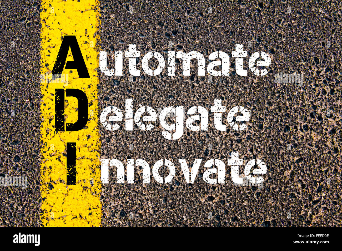 Konzept-Bild des Business Abkürzung ADI automatisieren, Delegierter, Innovate über Straße Markierung gelber Farbe geschrieben. Stockfoto