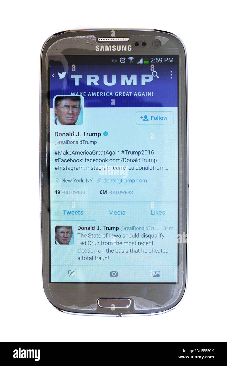 Donald Trump-Twitter-Account auf einem Smartphonebildschirm vor weißem Hintergrund fotografiert. Stockfoto