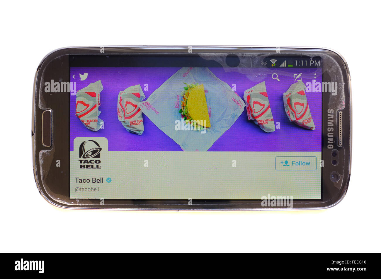 Die Taco Bell Twitter-Account auf dem Bildschirm eines Smartphones vor weißem Hintergrund fotografiert. Stockfoto
