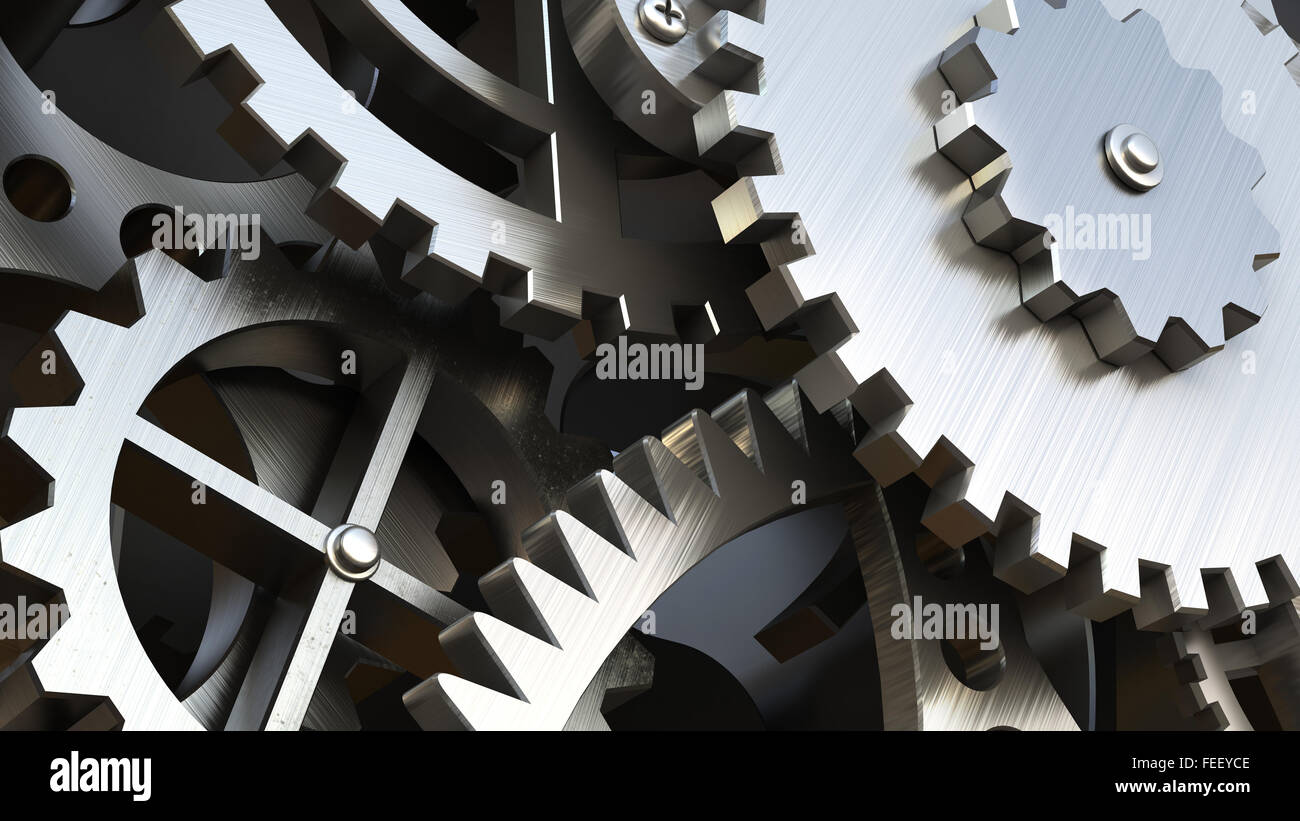 Uhrwerk oder eine Maschine im Inneren. Closeup Getriebe und Zahnräder. 3D illustration Stockfoto