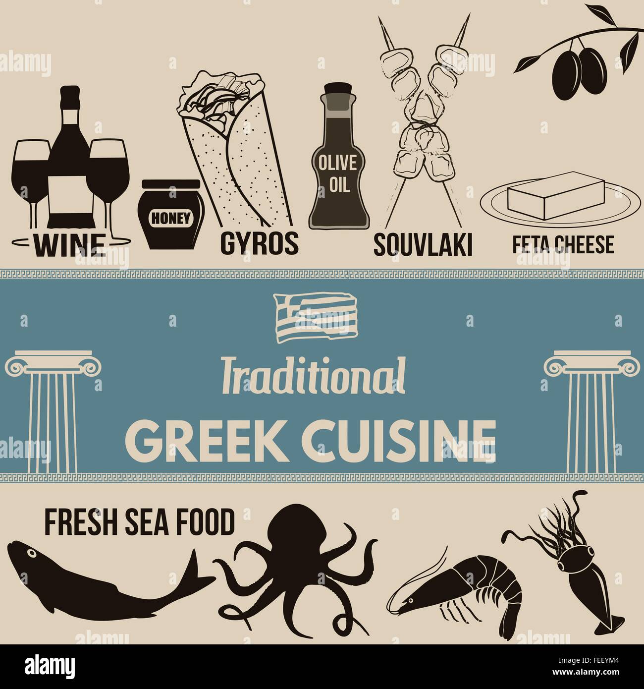 Traditionelle griechische Küche Poster mit griechisches Essen Elemente auf Retro-Hintergrund, Vektor-illustration Stock Vektor