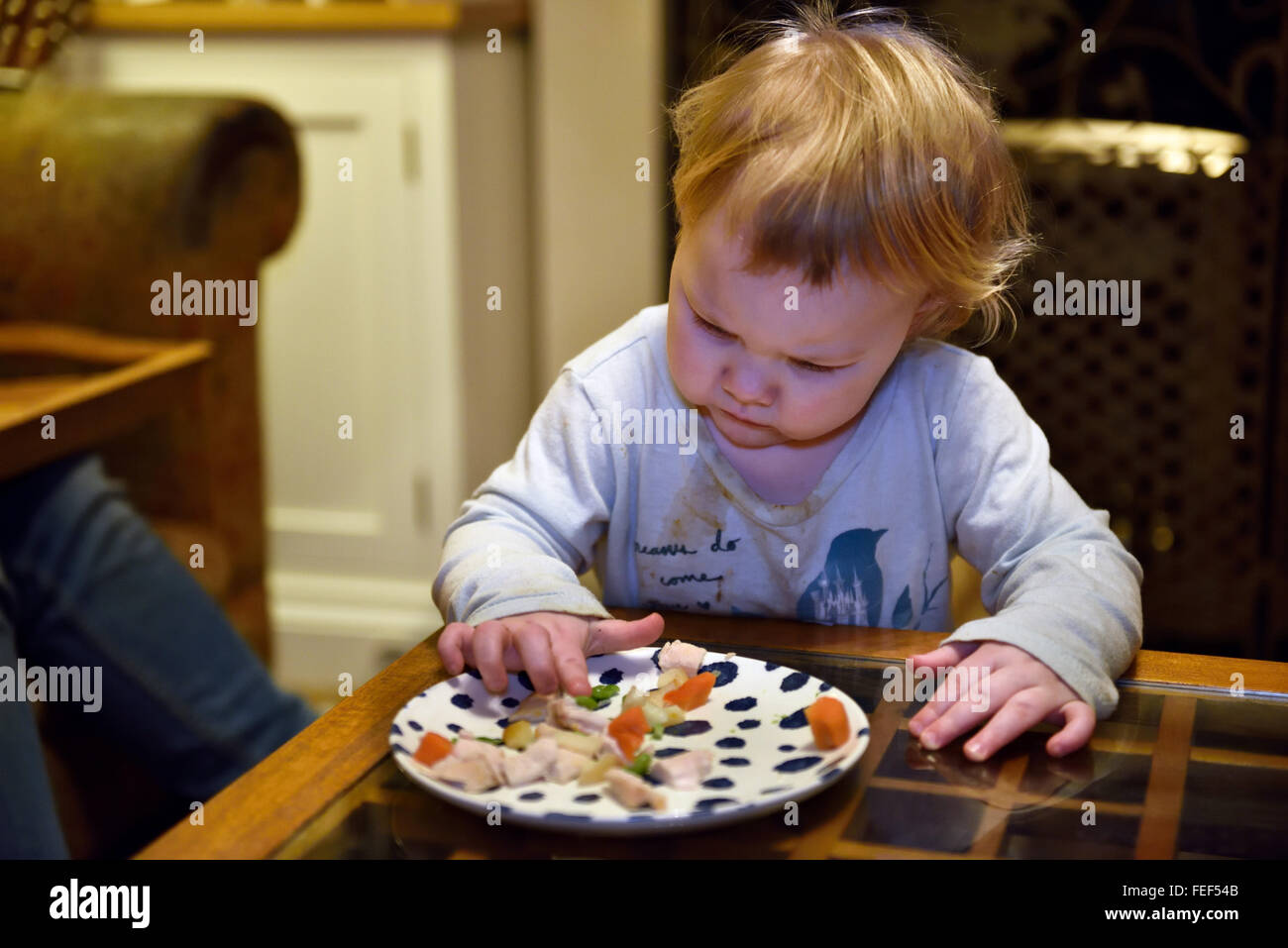 Ein 16 Monate altes Kleinkind Kommissionierung auf das Essen auf ihrem Teller. Stockfoto