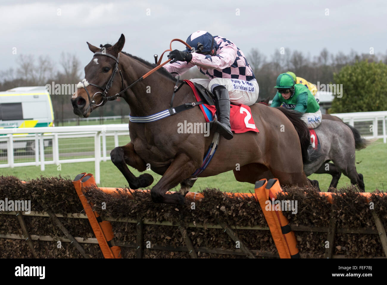 Sandown Park, Esher, Surrey, UK-Akavit und David Bass zwei Hürden vor dem Ziel in die Betfred "Home of Ziele Galore" juvenile Hürde bei Sandown Park Credit: Michael Stevens / Alamy News Stockfoto