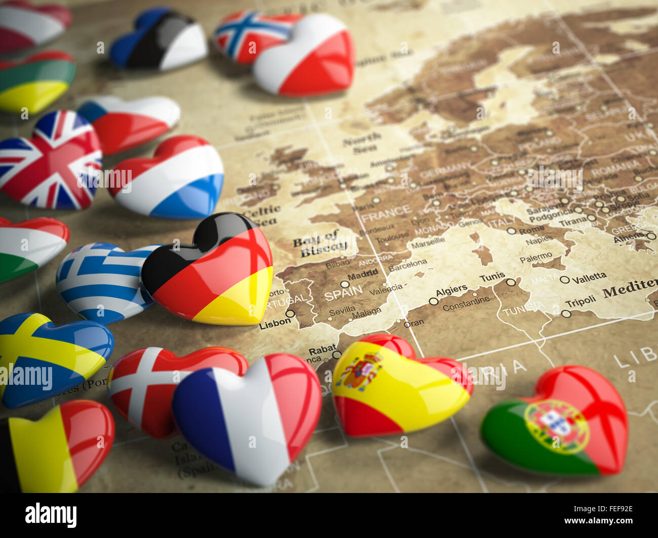 Karte von Europa und Herzen mit Flaggen der europäischen Länder. EU Reisekonzept. 3D Stockfoto