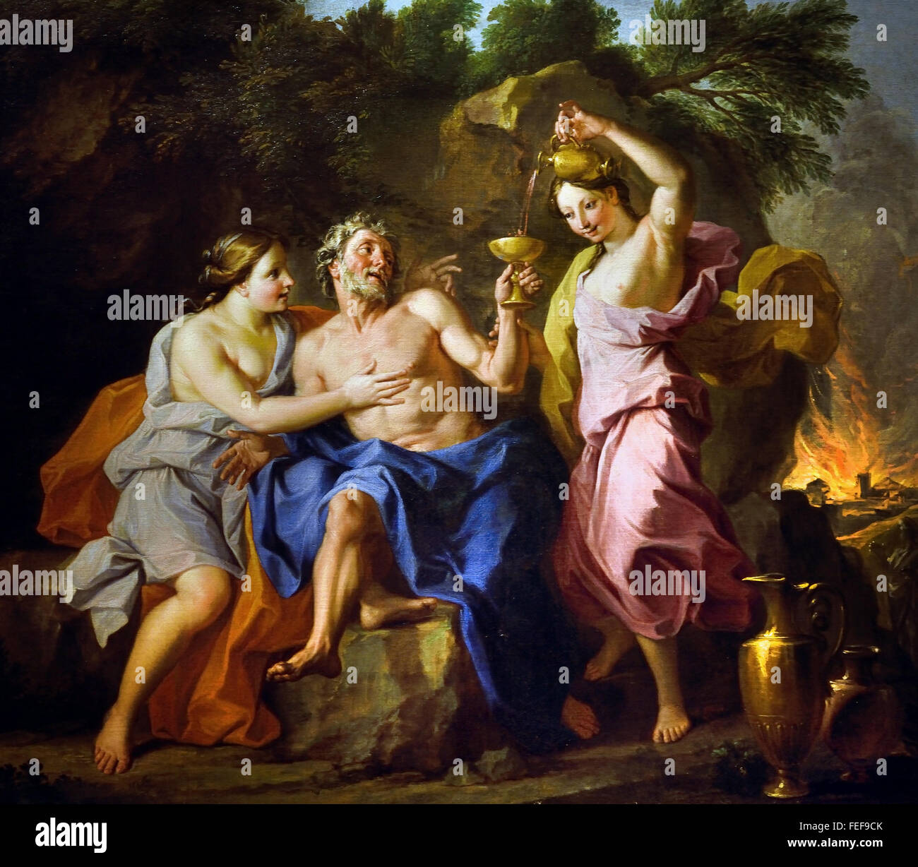 Lot und seine Töchter (oder Trunkenheit Menge) von Noël Coypel 1628 1707 Frankreich Französisch (elegante barocke Komposition. Harmonie-Patches von helle Farbe Kleidung rot weiß blau rosa und gelb. Unten rechts, Sodom in Flammen) Stockfoto