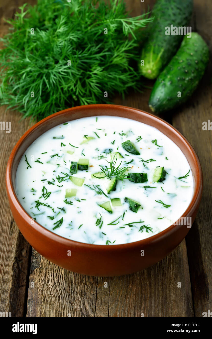 Sommer-Joghurt kalte Suppe mit Gurken und dill Stockfoto