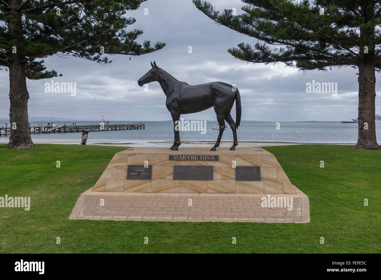 Statue der Makyba Diva, eines der erfolgreichsten Rennpferde in australischen Pferderennen Geschichte. Port Lincoln, Südaustralien. Stockfoto