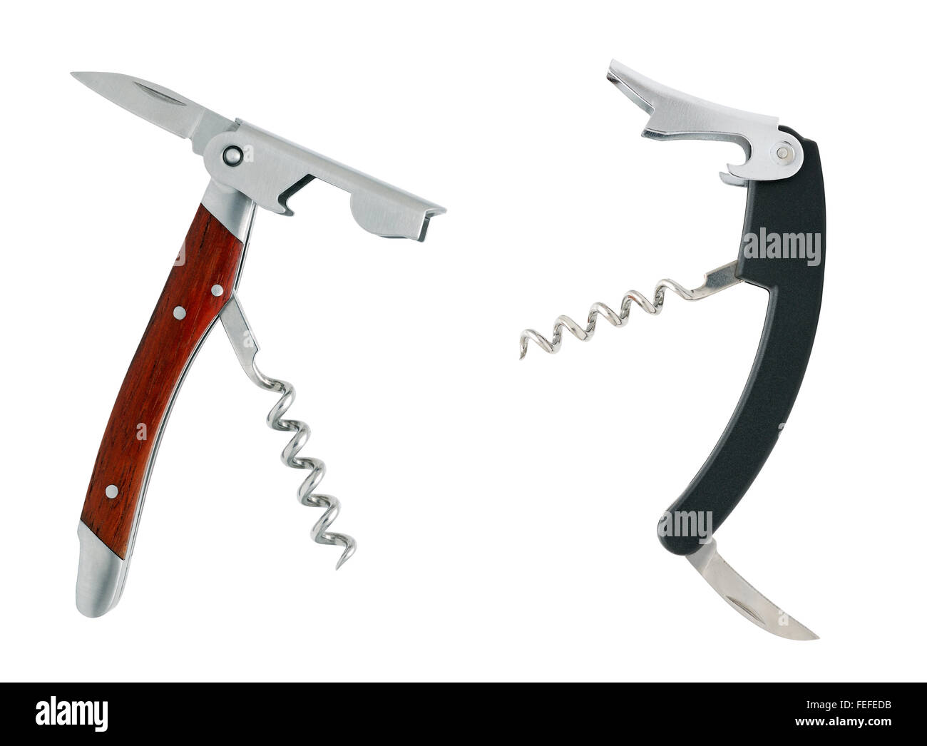 Multifunktions-Messer mit Korkenzieher und Opener isoliert auf einem weißen Hintergrund. Satz Stockfoto