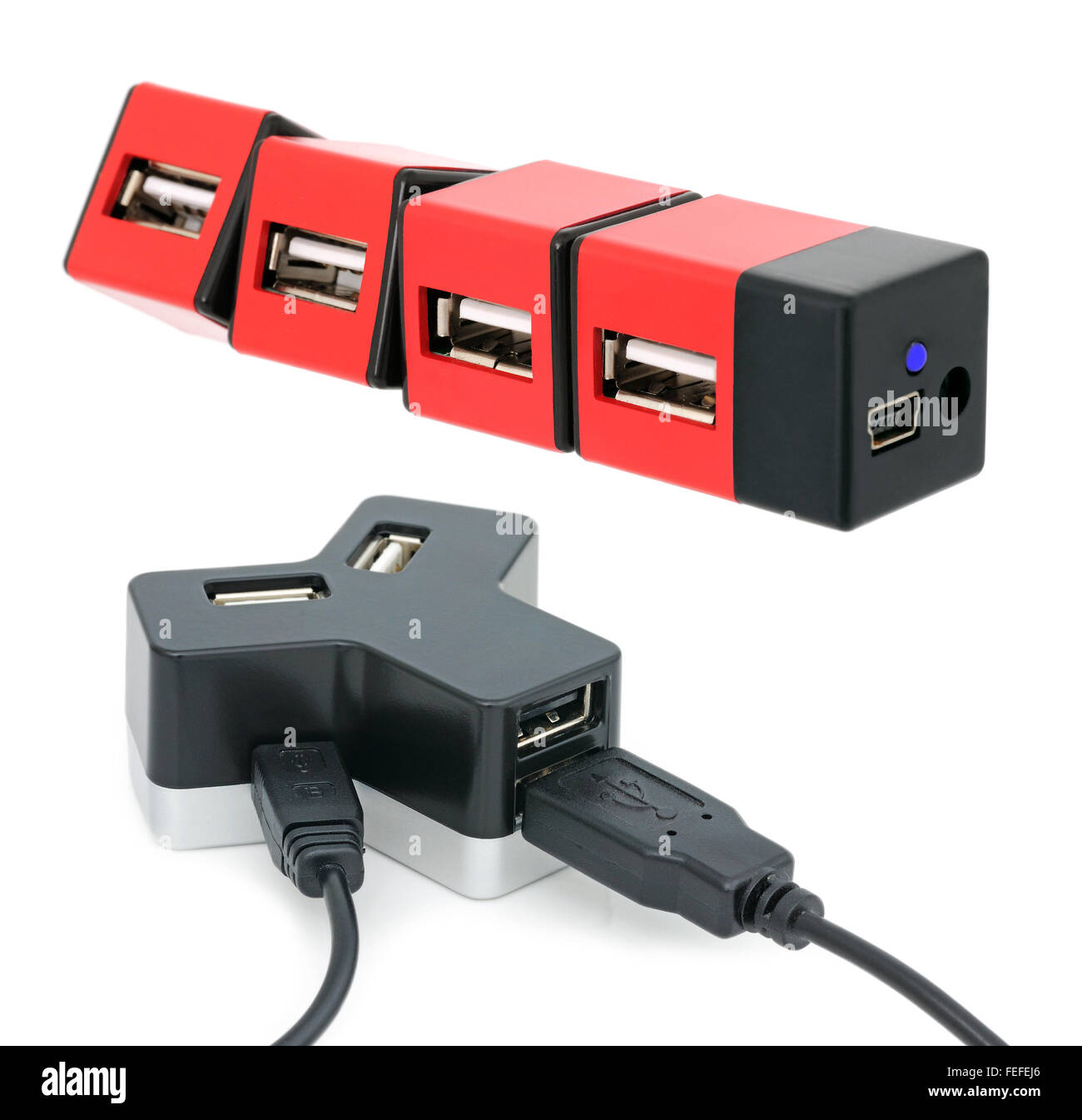 USB-HUB isoliert auf einem weißen Hintergrund. Collage. Stockfoto