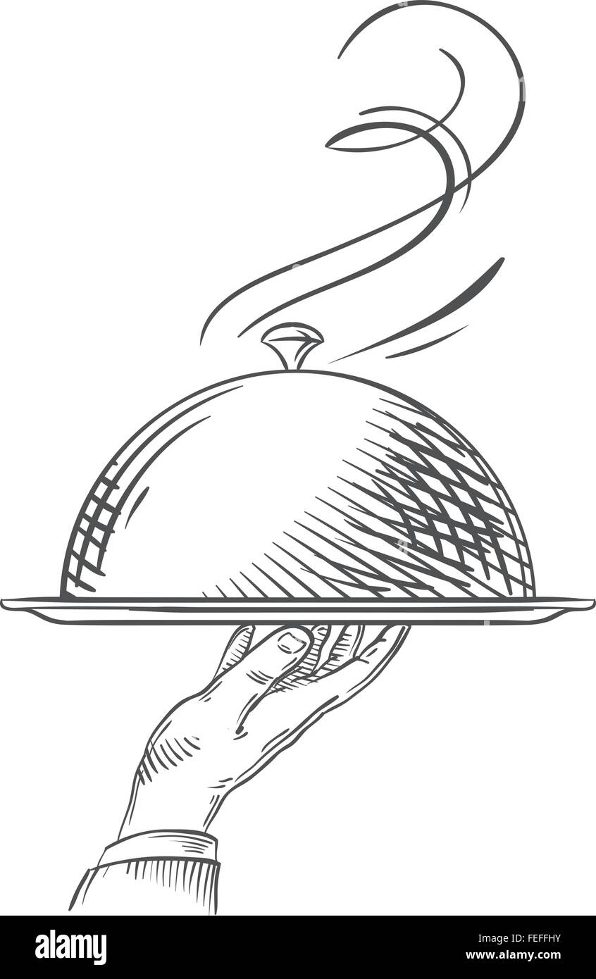 Handgezeichnete Vektor-Illustration der Kellner Hand mit einem Tablett Stock Vektor