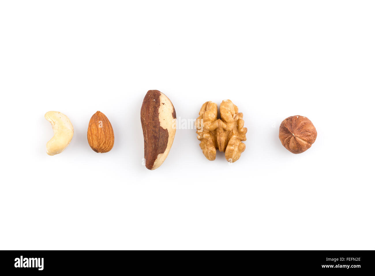 Erdnüsse, Walnüsse, Mandeln, Haselnüsse, Brasilien und Cashew Nüssen vermischt Stockfoto