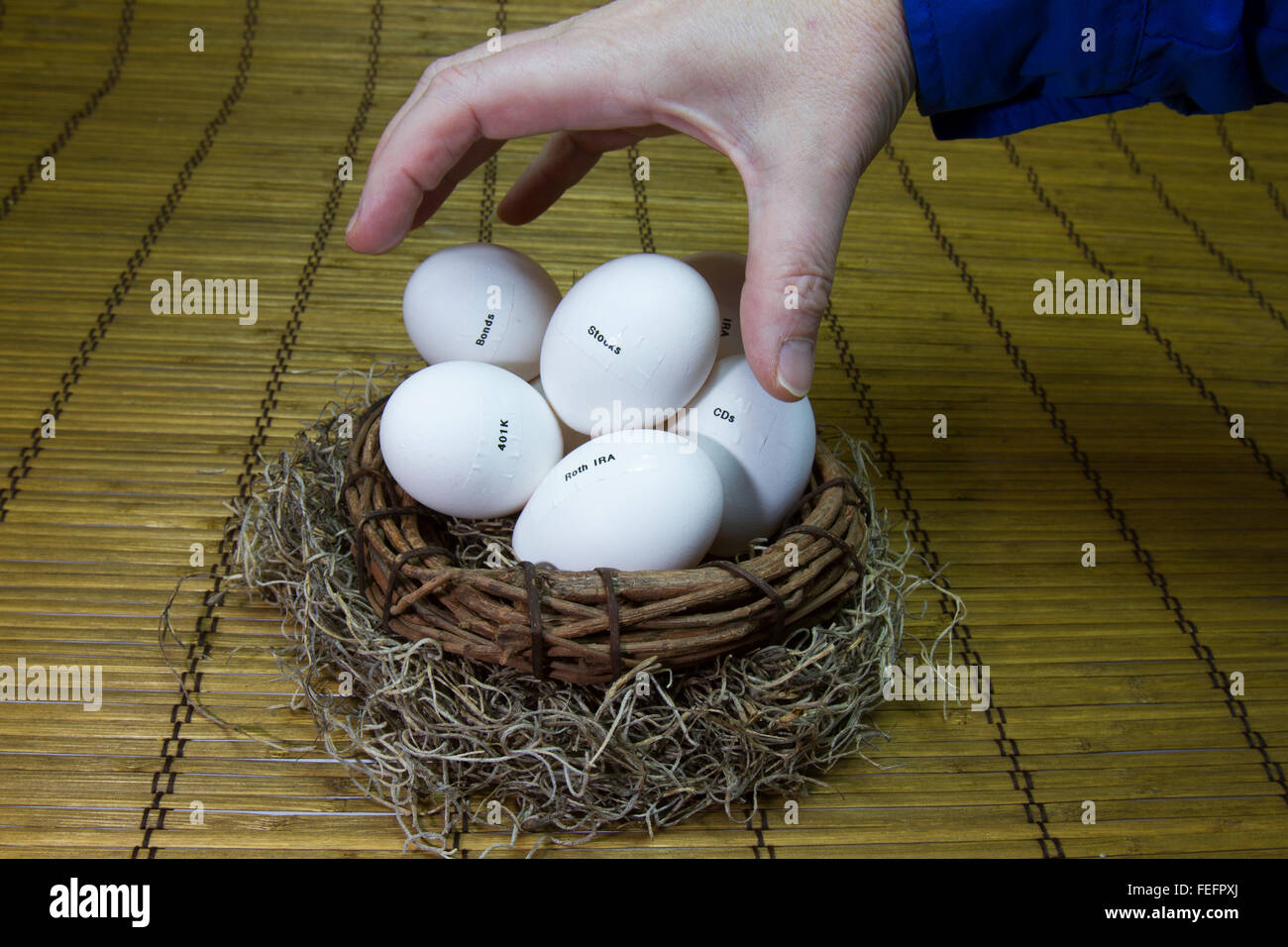 Hand schwebt über nest mit Eiern, die mit der Bezeichnung Anleihen, 401 k, Roth Ira und Cds entweder machen einen Rücktritt. Stockfoto