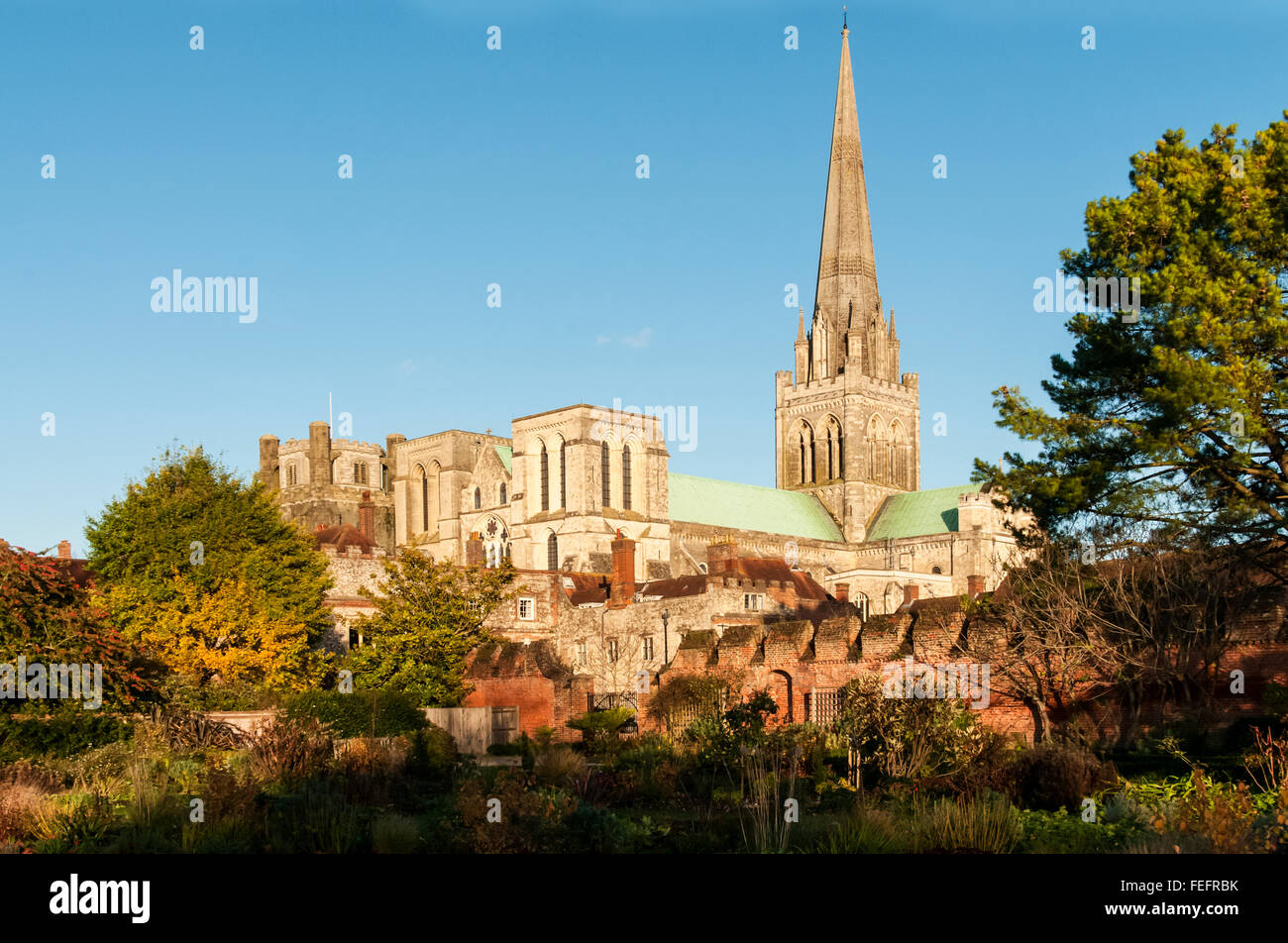 Chichester Cathedral über den Bischofspalast Garten im Vordergrund gesehen. Stockfoto