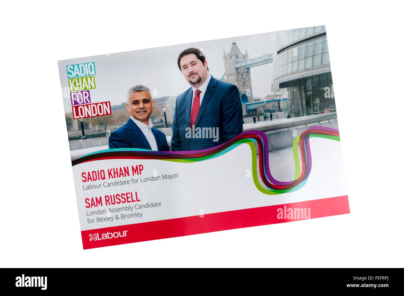 Labour Party-Merkblatt für London Versammlung Wahl im Jahr 2016, Sadiq Khan für Bürgermeister und Sam Russell als ein Ratsmitglied zu fördern. Stockfoto