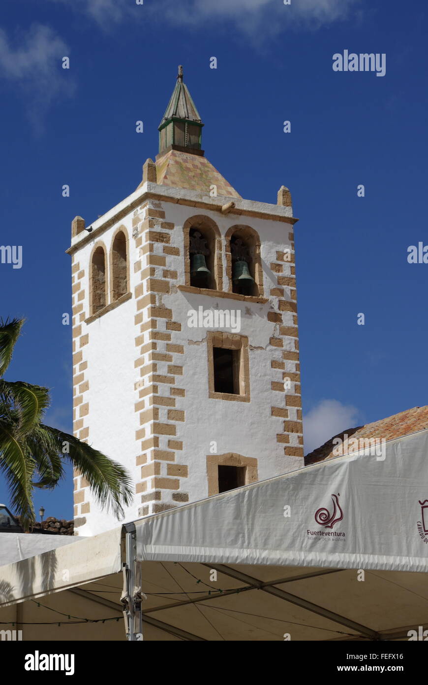 Glockenturm, Betancuria Kirche, Feurteventura, Kanarische Inseln Stockfoto