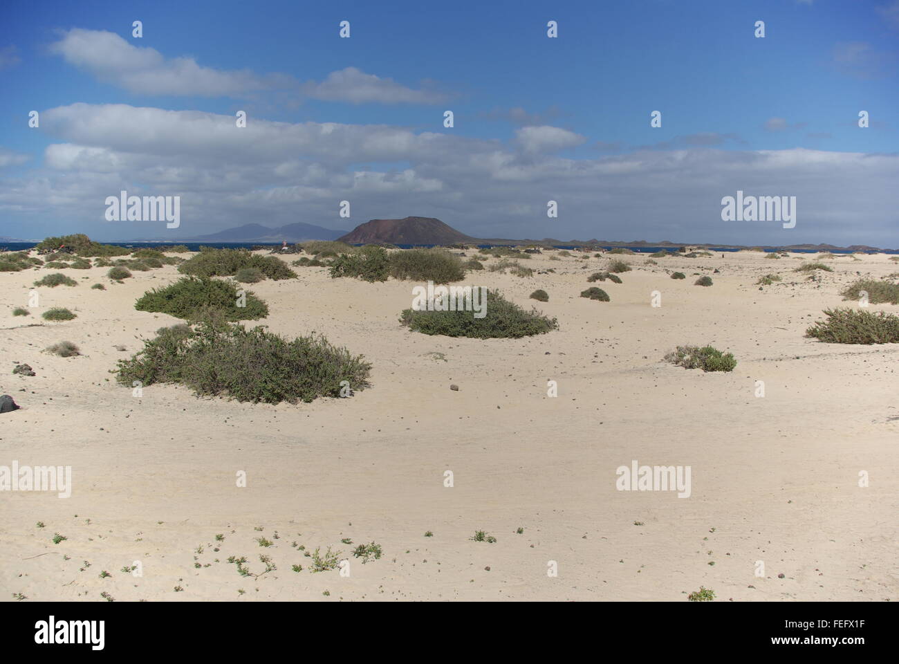 Sanddünen und Los Lobos von Corralejo Stockfoto