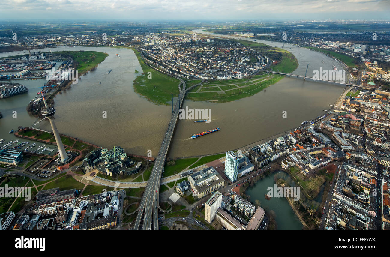 Luftaufnahme, die Flut der Rhein in Düsseldorf auf der Rheinkniebrücke, Flut, überschwemmten Rheinwiesen Bank, Düsseldorf, Rheinland, Stockfoto