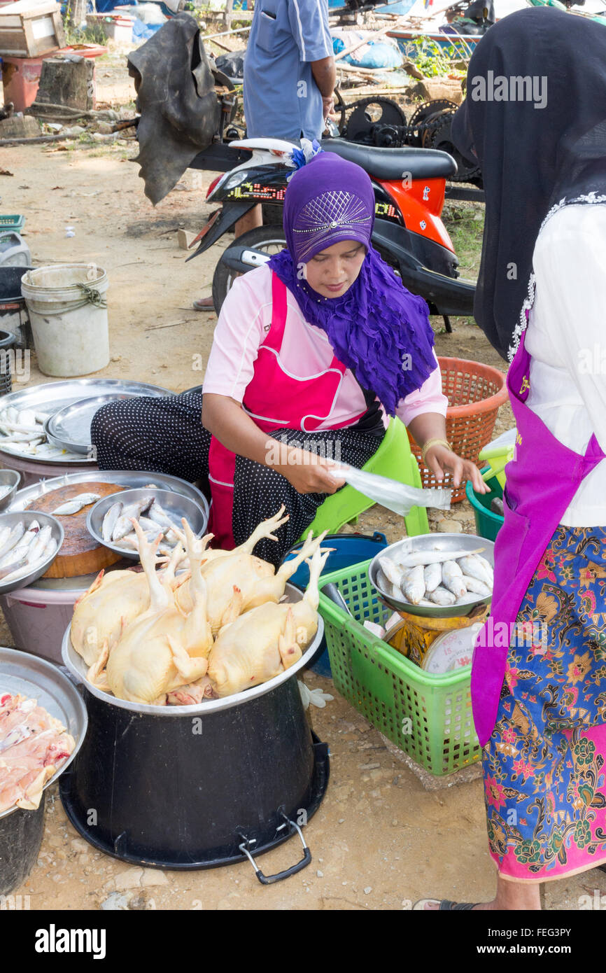 Frau Verkauf von Fisch und Huhn, kleiner Markt in der Provinz Nakhon Si Thammarat, Thailand Stockfoto