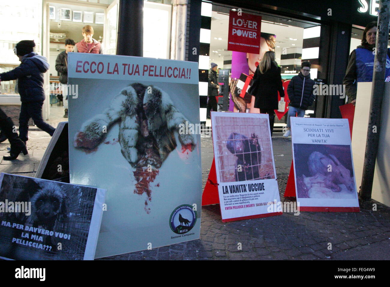 Napoli, Italien. 6. Februar 2016. Plakate verwenden bei Protest in Italien. Flash Mob von Tierschutzorganisationen in Napoli Aktivisten tragen Schilder mit Bildern der Grausamkeit der Tiere, die lebend gehäutet werden. © Salvatore Esposito/Pacific Press/Alamy Live-Nachrichten Stockfoto