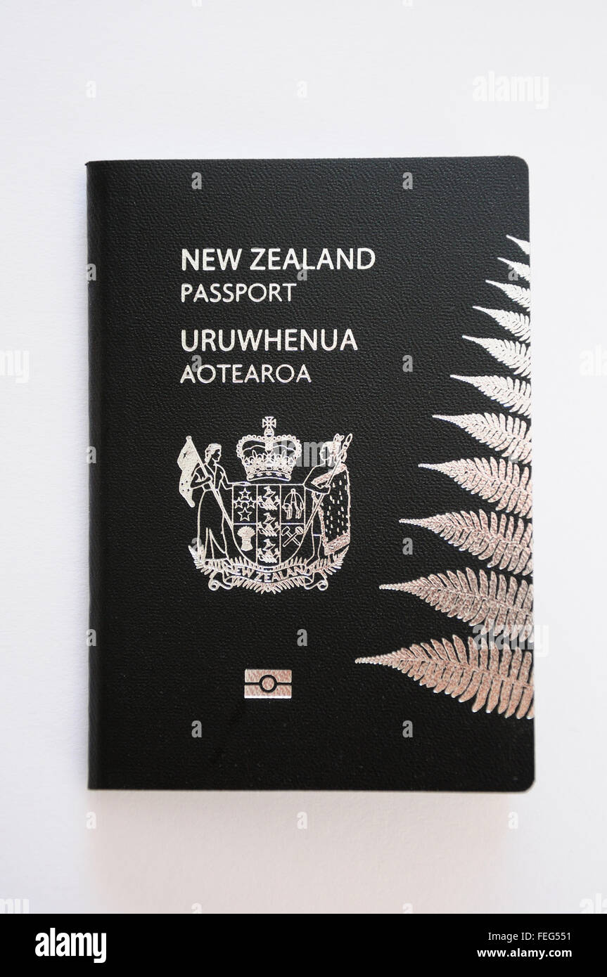 Cover des neuen 10-Jahres Neuseeland (Aotearoa) Reisepass, Christchurch, Region Canterbury, Südinsel, Neuseeland Stockfoto