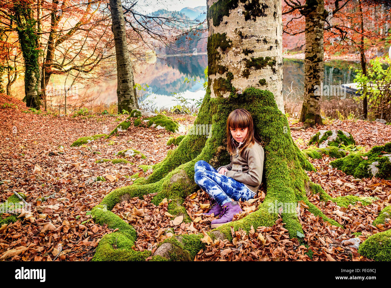 Kleines Mädchen sitzt der Baum im Nationalpark Biogradska Gora im Herbst, Montenegro Stockfoto