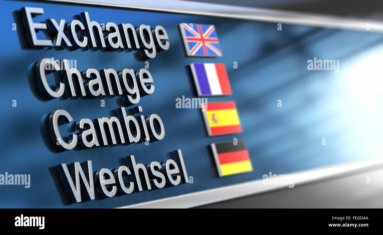 Cambio, Wechsel, Austausch und Wechsel auf eine Gebäude-Fassade geschrieben. Konzept der Austausch von Währungen Stockfoto