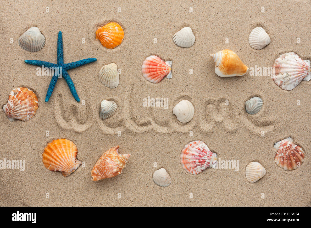 Das Wort willkommen geschrieben auf dem Sand, kann als Hintergrund verwendet werden Stockfoto