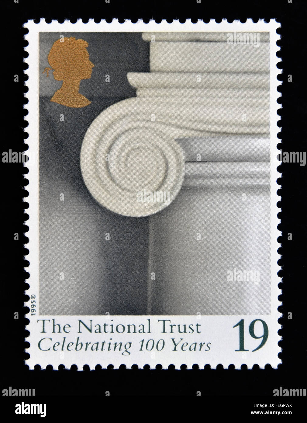 Briefmarke. Great Britain. Königin Elizabeth II. 1995. Hundertjahrfeier des National Trust. 1895-1995. 19p. Stockfoto