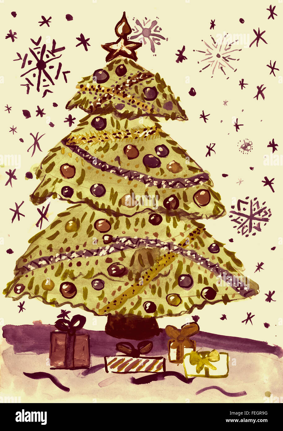 Weihnachtsbaum Tanne mit Schnee, Aquarell malen auf Papier