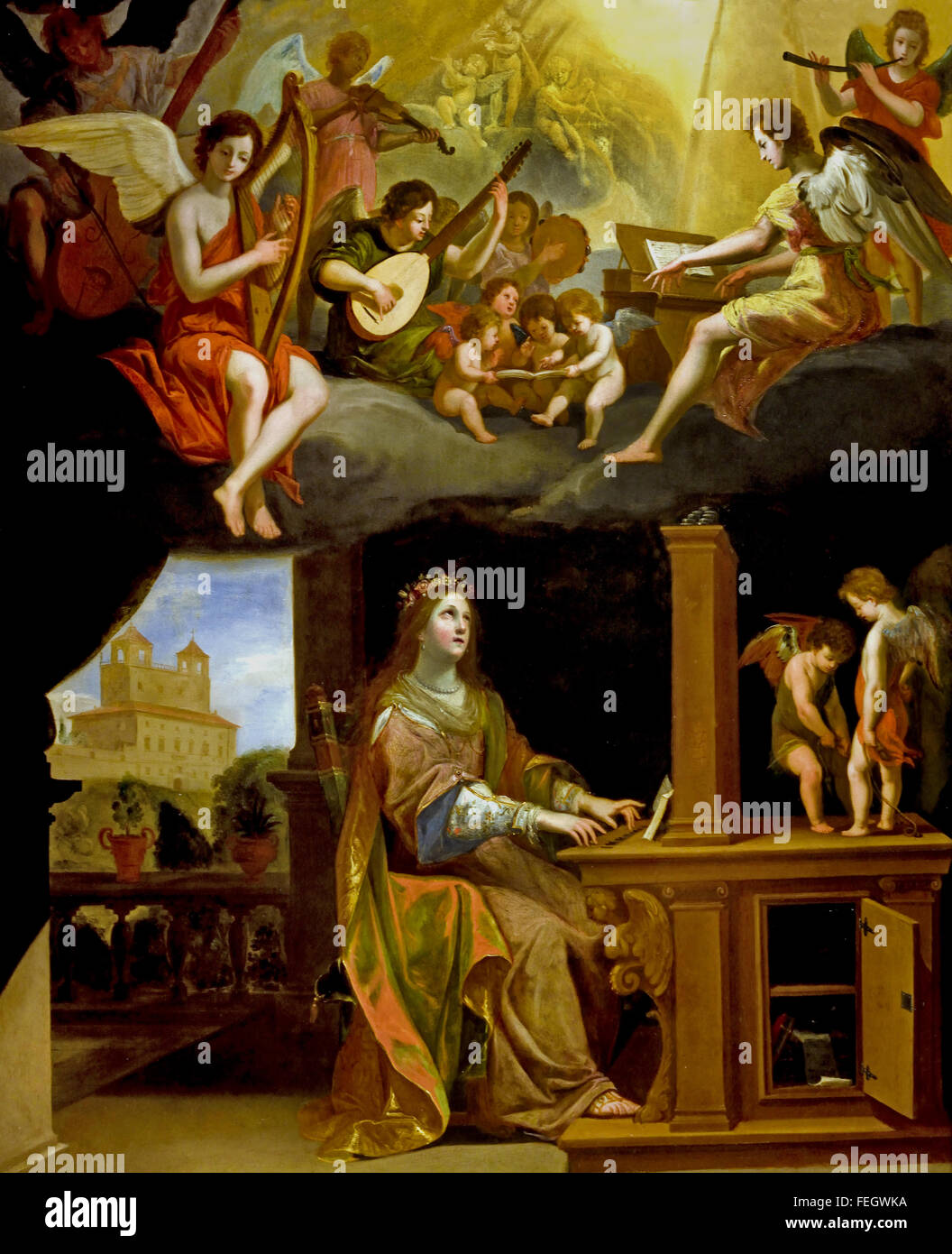St. Cecilia von Jacques Stella (1596-1657) Frankreich Französisch (Top Konzert der Engel Musiker) Stockfoto