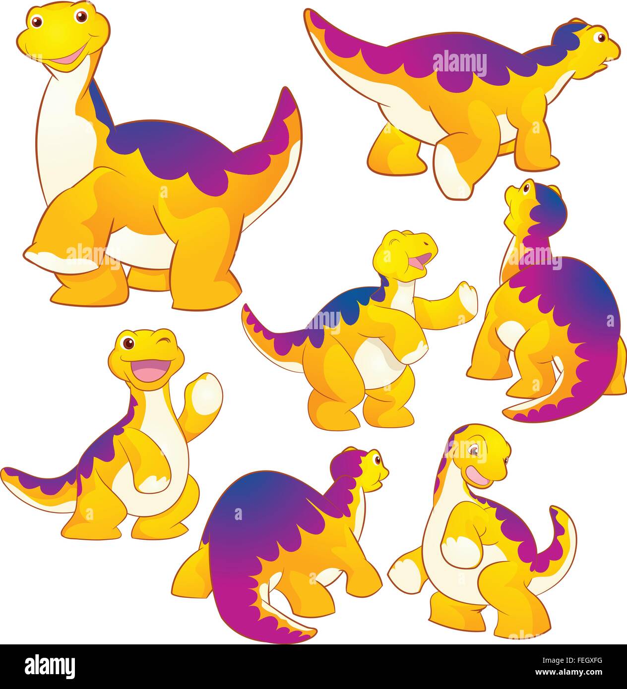 Niedliche Gruppe Dinosaurier Vektor cartoon viele Aktionen. Tyrannosaurus lesothosaurus Iguanodon stegosaurus Styracosaurus diplodocus Allosaurus thrinaxodon Stock Vektor