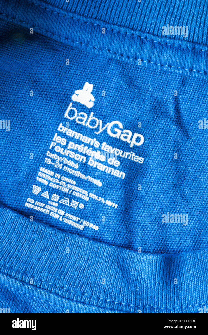 BabyGap hergestellt in China gestempelt in Kleidungsstück für Baby 18-24 Monate Stockfoto